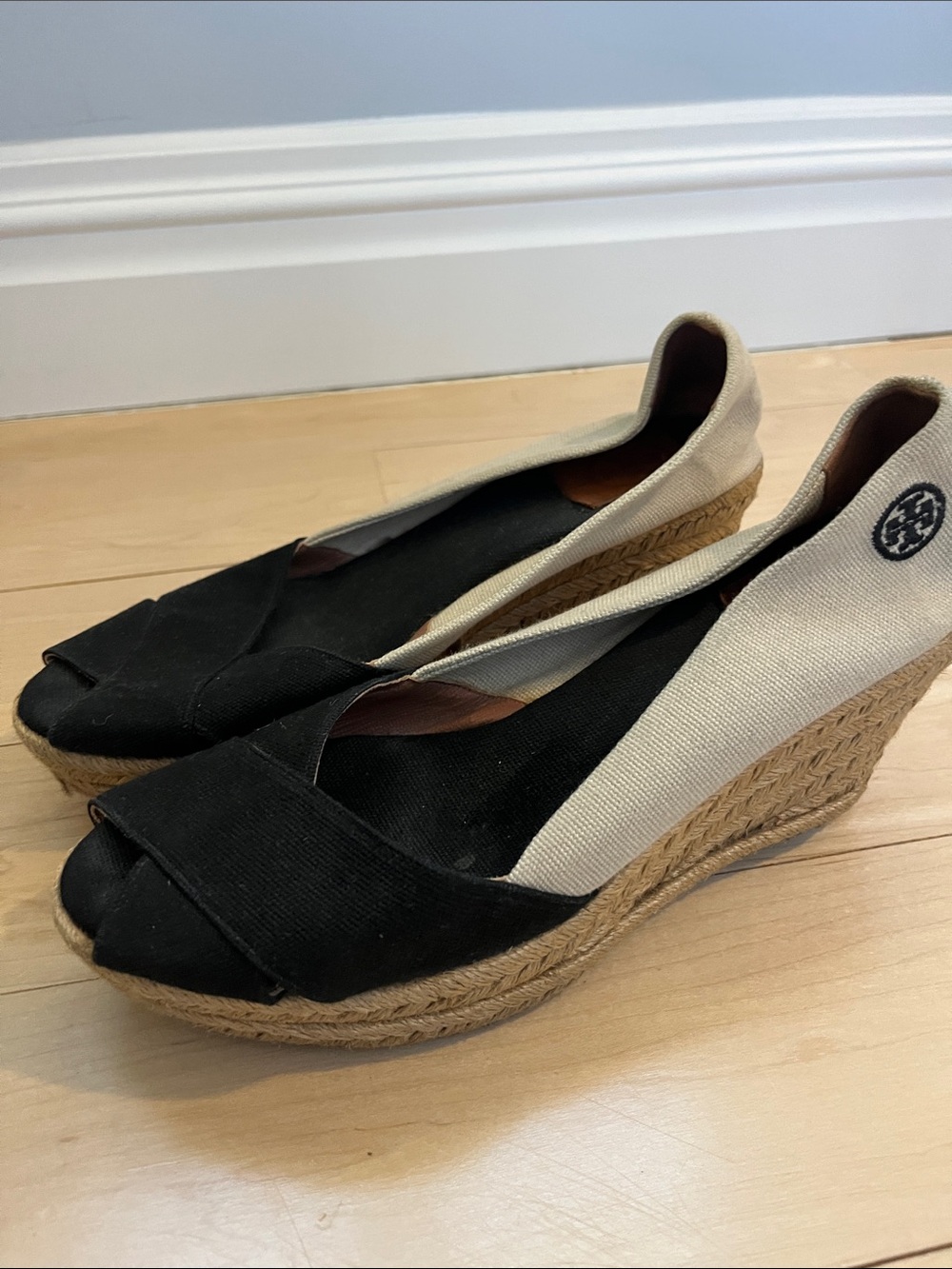 Tory Burch Black and Cream Espadrille Wedge Peep-Toe Heels